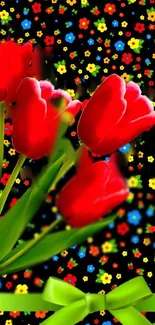 Bright red tulips with colorful floral background on a mobile wallpaper.