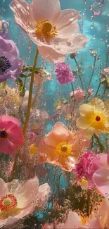 Colorful flowers submerged in turquoise water.