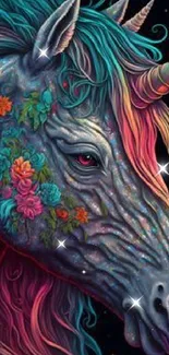 Colorful unicorn art with floral details on black background.