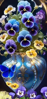 Vibrant vase with blue pansies and butterfly.