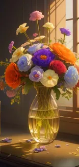 Vibrant bouquet of flowers in a vase with sunlight.