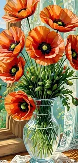 Vibrant orange poppies in a vase by a sunny window.