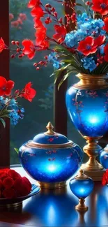 Vibrant blue vases with red flowers art.