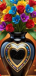 Colorful flowers in a vase with heart design.