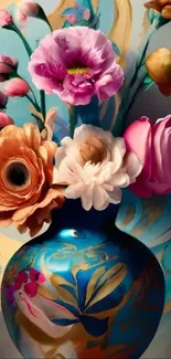 Vibrant flowers in an ornate blue vase with artistic design.