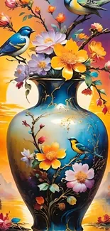 Colorful floral vase with birds against a sunset backdrop.