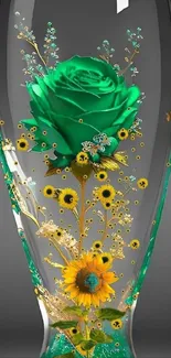 Green rose and yellow flowers in a transparent vase wallpaper.