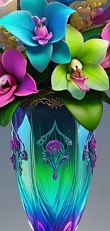 Vibrant floral design with colorful orchids in an artistic vase.