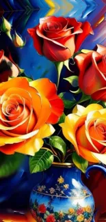 Vibrant roses in a decorative floral vase with a colorful abstract background.