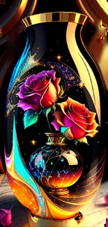 Vibrant wallpaper with roses in a decorative vase.