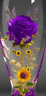 Purple rose and yellow sunflowers in a vase wallpaper design.