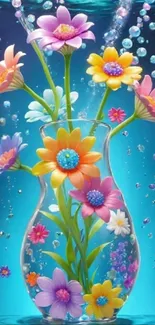 Colorful flowers in a glass vase with bubbles, set against a blue background.