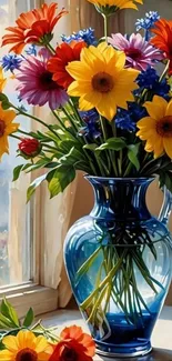 Vibrant flowers in a blue vase by a window.