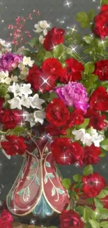 Vibrant red roses in an ornate vase with sparkling effects.