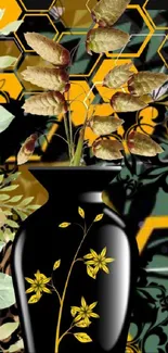 Elegant vase with flowers and geometric background design.