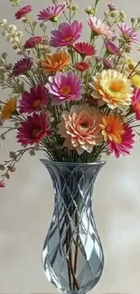 Crystal vase with vibrant colorful flowers arrangement.