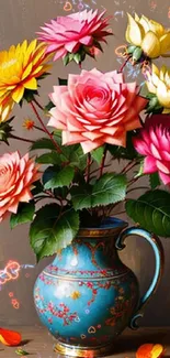 Colorful flowers in a decorative vase against a brown background.