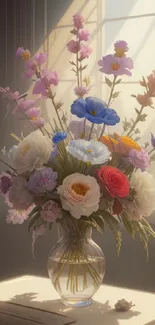 A vase filled with vibrant flowers in soft sunlight on a table.