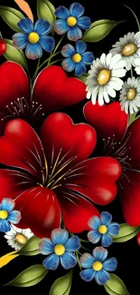 Vibrant floral wallpaper with red, blue, and white flowers.