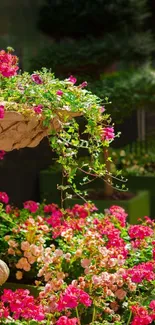 Vibrant garden scene with pink flowers and lush greenery.