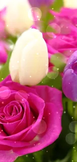 Vibrant pink roses and tulips with bokeh effect.