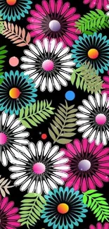 Vibrant floral wallpaper with colorful daisies on a black background.