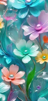 Vibrant floral wallpaper with colorful flowers on a teal background.