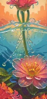 Floral and water elements in artistic mobile wallpaper design.