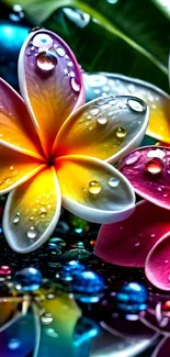 Vibrant plumeria flower with water droplets on petals.