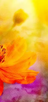 Vibrant watercolor flower with orange petals and a yellow background.