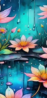 Colorful watercolor artwork featuring lotus flowers and water drops.