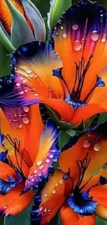 Vibrant orange flowers with dew drops on petals.