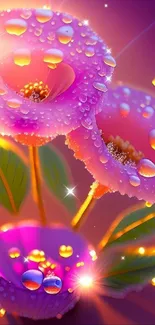 Vibrant pink flowers with dewdrops glowing on a colorful wallpaper.