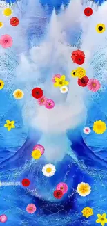 Colorful flowers splashed over a blue ocean wave backdrop.