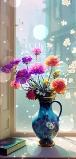 Colorful flowers in a blue vase on a windowsill with artistic light and shadow.