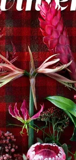 Vibrant pink flowers on a red plaid background with winter theme.