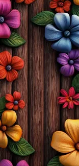 Colorful flowers on rustic wood background