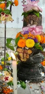 Colorful Hindu ritual scene with floral offerings.