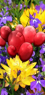 Red balloons with purple and yellow flowers.