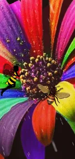 Colorful flower and bees wallpaper design.