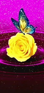 Yellow rose with butterfly on vibrant purple background.