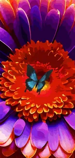 Blue butterfly on vibrant purple and orange flower wallpaper.