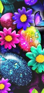 Colorful flowers and butterflies on a vibrant, dark background wallpaper.