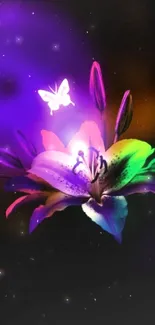 Neon flower with butterfly on a dark background, perfect for phone wallpaper.