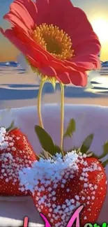 Vibrant red flower and snowy strawberries.