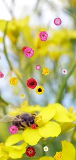 Colorful wallpaper with bee on yellow flowers and vibrant blossoms.