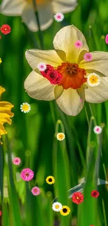 Vibrant flower blossom with green leaves and colorful petals.