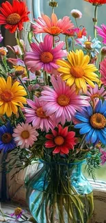 Vibrant spring flowers in a glass vase.