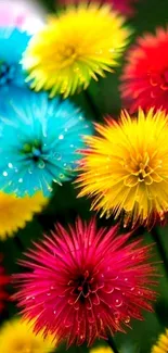 Vibrant yellow and red flowers with dewdrops.