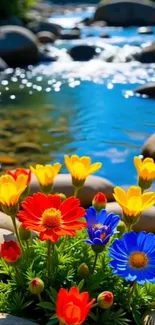 Colorful flowers by a serene creek.